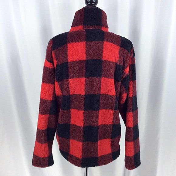 Eddie Bauer 1/4 Zip Fleece Pullover Womens Size Large Buffalo Plaid Red Black - Picture 3 of 9